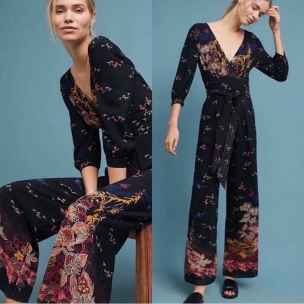Anthropologie Feather Bone Nara Dark Floral Jumpsuit Sz 4